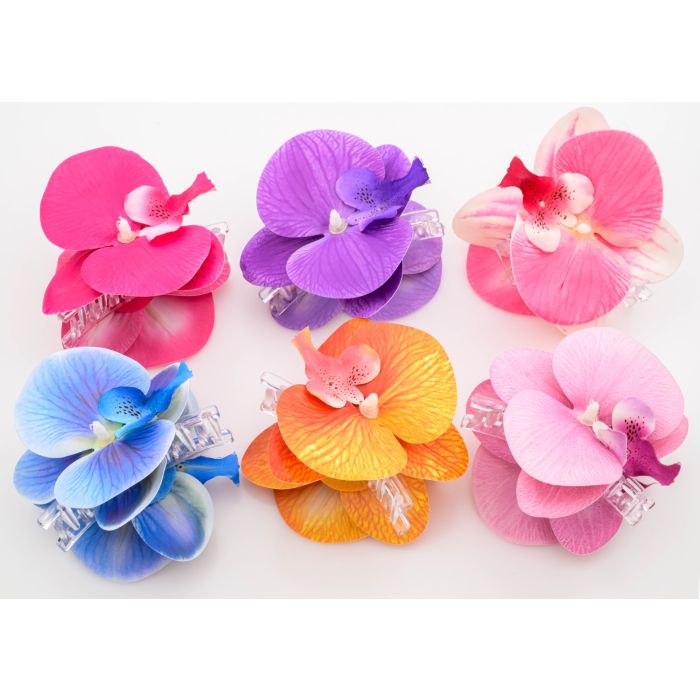 Κλάμερ μαλλιών με μεγάλο διακοσμητικό λουλούδι ορχιδέα σε διάφορα χρώματα: φούξια, μωβ, πορτοκαλί, γαλάζιο και ροζ.