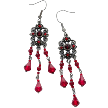 Σκουλαρίκια μεταλλικά από αλπακά με ροζέτες διακοσμημένα με κόκκινες χάντρες