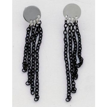 Σκουλαρίκια μεταλλικός ασημί κύκλος με μαύρες αλυσίδες