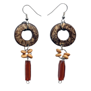 Σκουλαρίκια ξύλινα διακοσμημένα με ορθογώνια πορτοκαλί πέτρα