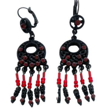 Μεταλλικά Boho Σκουλαρίκια : Μαύρο με Κόκκινες Χάντρες