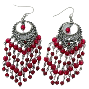 Σκουλαρίκια μεταλλικά ασημί παλαιωμένα διακοσμημένα με αλυσίδες και κόκκινες χάντρες