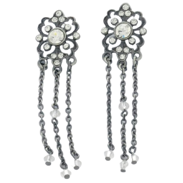 Σκουλαρίκια μεταλλικά μακριά ασημί με αλυσίδες και στράς σε λευκό και μαύρο χρώμα