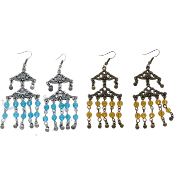 Σκουλαρίκια μεταλλικά κρεμαστά διακοσμημένα με μπλέ και πορτοκαλί χάντρες