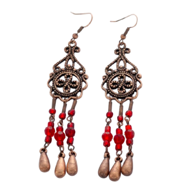 Σκουλαρίκια μεταλλικά στο χρώμα του χαλκού,παλαιωμένα με κόκκινες χάντρες