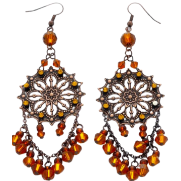 Σκουλαρίκια μεταλλική ροζέτα διακοσμημένη με στράς,αλυσίδα και χάντρες