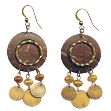 Σκουλαρίκια ξύλινα με μπρούτζινες λεπτομέρειες και πέτρες