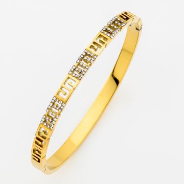 Χρυσό Ατσάλινο Βραχιόλι Bangle με Γεωμετρικό Σχέδιο & Ζιργκόν