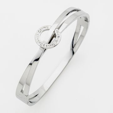 Ασημί Ατσάλινο Βραχιόλι Bangle με Χιαστί Σχέδιο & Κύκλο με Ζιργκόν