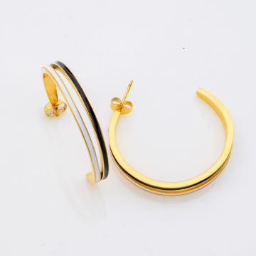 Σκουλαρίκια Κρίκοι Χρυσοί με Μαύρες & Λευκές Ρίγες