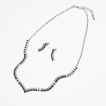 Σετ Κολιέ και Σκουλαρίκια σε Ασημί Χρώμα με Δύο Σειρές Στράς – Λευκό & Μαύρο