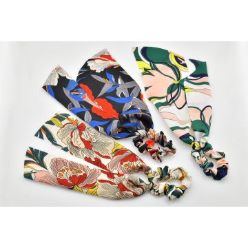 Σούρα υφασμάτινη σχέδιο λουλούδια με 2 μακριές κορδέλες